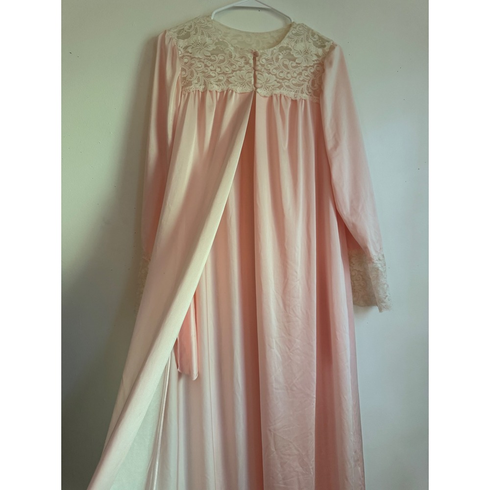Vintage Shadowline Pink Lace Nightgown Robe Long Sleeve Cottagecore Coquette M